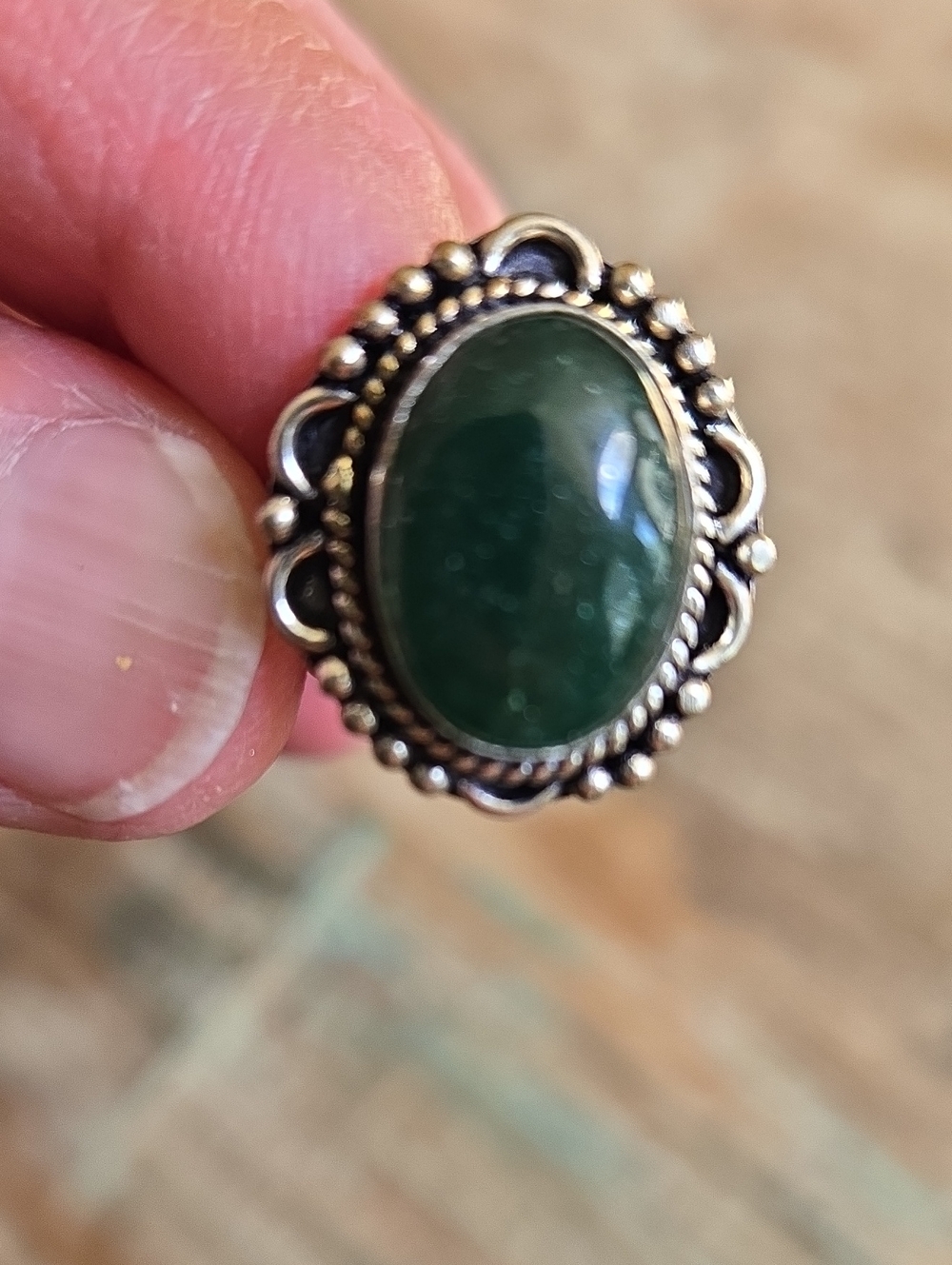 Vintage Sterling Silver Green Aventurine Filigree Statement Ring Sz 8.5 (BIN 011